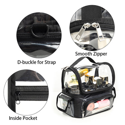 Black Professional Clear Makeup Case - Portable PVC Cosmetic Organizer with Adjustable Dividers & Shoulder V888-ELOSUNG34130