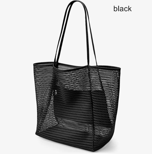 Black Large Mesh Beach Tote Bag - Lightweight & Foldable Shoulder Bag with Secure Zipper Pocket V888-ELOSUNG34134