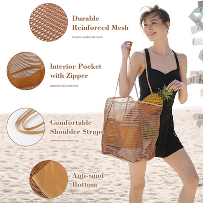 Black Large Mesh Beach Tote Bag - Lightweight & Foldable Shoulder Bag with Secure Zipper Pocket V888-ELOSUNG34134