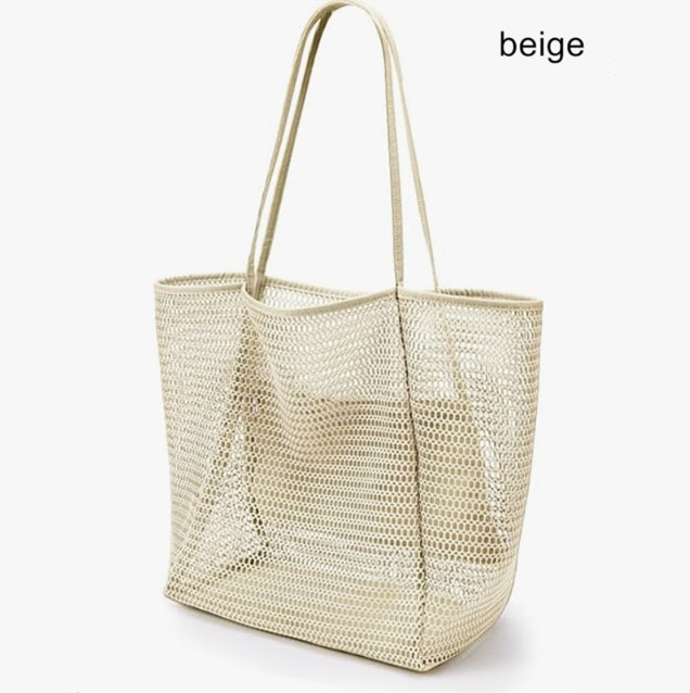 Beige Large Mesh Beach Tote Bag - Lightweight & Foldable Shoulder Bag with Secure Zipper Pocket V888-ELOSUNG34135