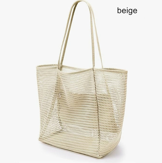 Beige Large Mesh Beach Tote Bag - Lightweight & Foldable Shoulder Bag with Secure Zipper Pocket V888-ELOSUNG34135