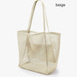 Beige Large Mesh Beach Tote Bag - Lightweight & Foldable Shoulder Bag with Secure Zipper Pocket V888-ELOSUNG34135
