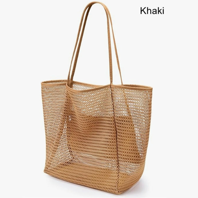 Khaki Large Mesh Beach Tote Bag - Lightweight & Foldable Shoulder Bag with Secure Zipper Pocket V888-ELOSUNG34136