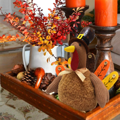 Brown Charming Thanksgiving Turkey Plush - Rustic Autumn Harvest Tabletop Decor Figurine V888-ELOSUNG34139
