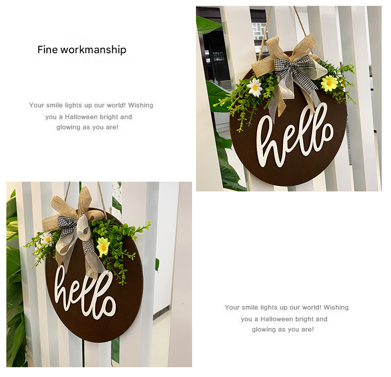 Dark Blue Rustic 'Hello' Welcome Sign - Farmhouse Round Wooden Wreath for Front Door Decor V888-ELOSUNG34141