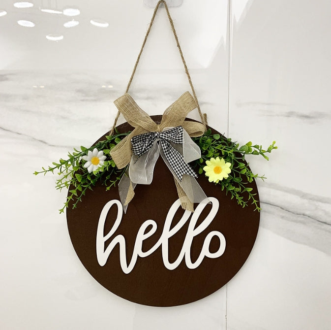 Brown Rustic 'Hello' Welcome Sign - Farmhouse Round Wooden Wreath for Front Door Decor V888-ELOSUNG34143