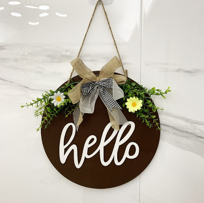 Brown Rustic 'Hello' Welcome Sign - Farmhouse Round Wooden Wreath for Front Door Decor V888-ELOSUNG34143