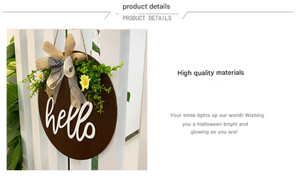 Brown Rustic 'Hello' Welcome Sign - Farmhouse Round Wooden Wreath for Front Door Decor V888-ELOSUNG34143