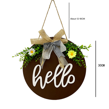 Brown Rustic 'Hello' Welcome Sign - Farmhouse Round Wooden Wreath for Front Door Decor V888-ELOSUNG34143