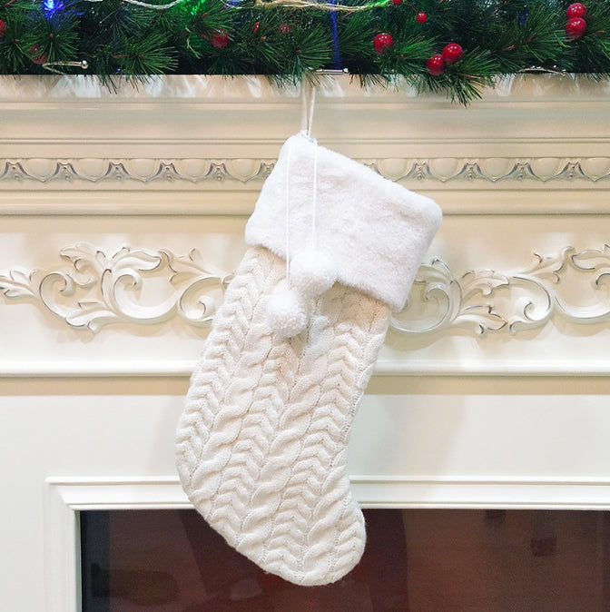 White Large Cable Knit Christmas Stocking - Classic 43cm Holiday Decor for Fireplace Hanging V888-ELOSUNG34148