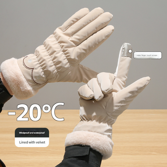 Beige Elegant Women's Thermal Winter Gloves - Waterproof & Windproof Touchscreen Gloves with Faux Fur Cuff V888-ELOSUNG34164