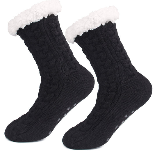 Black Women's Fuzzy Slipper Socks - Warm Fleece Lined Thermal Cable Knit Socks with Non-Slip Grips V888-ELOSUNG34170