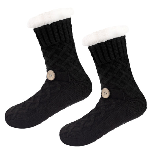 Black Women's Cozy Cable Knit Slipper Socks - Plush Fleece Lined Thermal Socks with Non-Slip Grips V888-ELOSUNG34171