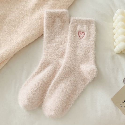 2-Piece Light Pink Women's Ultra-Soft Fuzzy Socks - Plush Chenille Thermal Crew Socks with Heart Embroidery V888-ELOSUNG34178