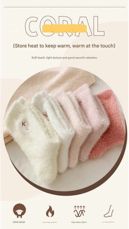 2-Piece Light Pink Women's Ultra-Soft Fuzzy Socks - Plush Chenille Thermal Crew Socks with Heart Embroidery V888-ELOSUNG34178