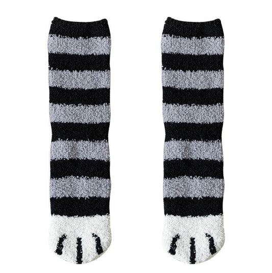 3-piece Black Cute Cat Paw Fuzzy Socks for Women - Plush Thermal Slipper Socks for Home & Lounging V888-ELOSUNG34180