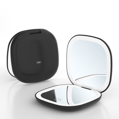 2-piece Black Portable LED Makeup Mirror - Rechargeable Compact with 3-Color Lights & 5x Magnification V888-ELOSUNG34197