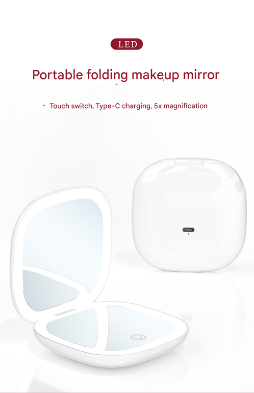2-piece Black Portable LED Makeup Mirror - Rechargeable Compact with 3-Color Lights & 5x Magnification V888-ELOSUNG34197