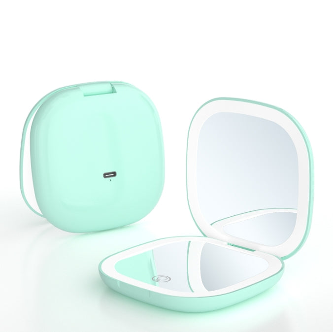 2-piece Green Portable LED Makeup Mirror - Rechargeable Compact with 3-Color Lights & 5x Magnification V888-ELOSUNG34198