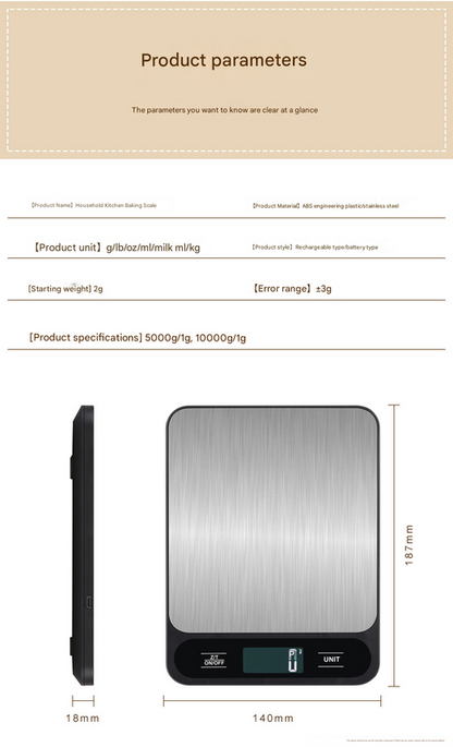 Black Slim Digital Kitchen Scale - High Precision Stainless Steel Food Scale for Baking & Cooking(10kg) V888-ELOSUNG34205