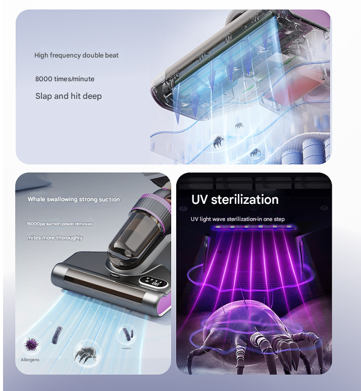 White Advanced Cordless UV-C Dust Mite Vacuum - Handheld Cleaner with Hot Air, Pulsating Pads & LED Display V888-ELOSUNG34224