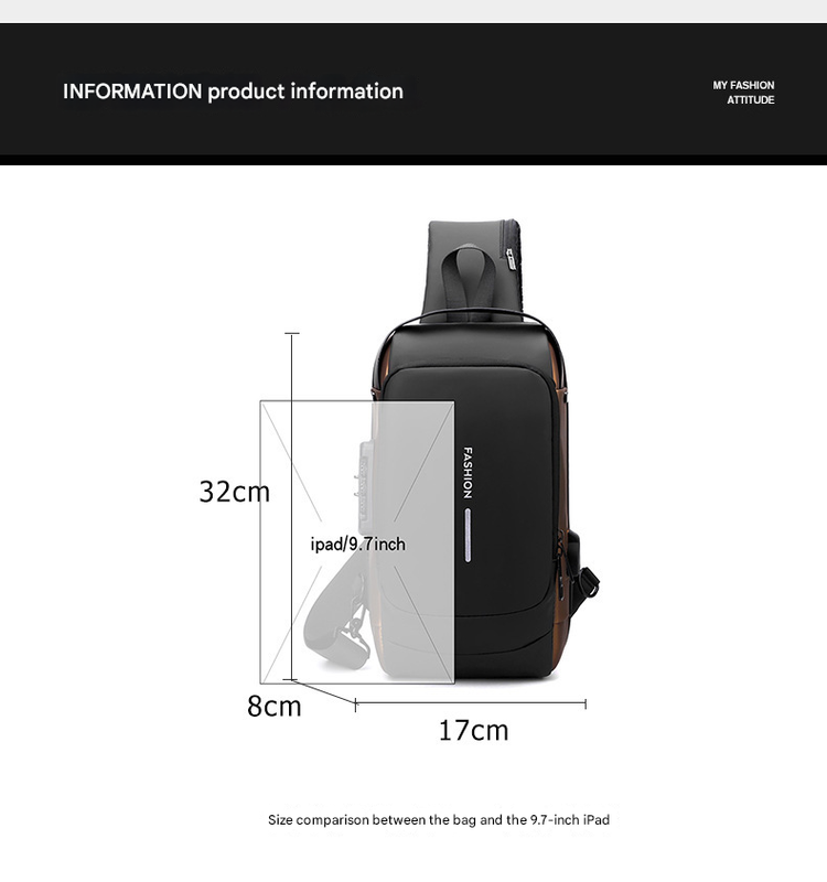 Gray Gold Modern Anti-Theft Sling Bag for Men - Crossbody Backpack with USB Port & Combination Lock V888-ELOSUNG34230