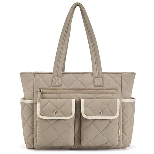 Grayish-brown Women's Multi-Pocket Tote Bag - Large Quilted Travel Handbag for Work, Gym, and More V888-ELOSUNG34261