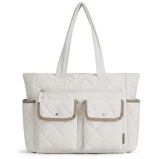 Beige Women's Multi-Pocket Tote Bag - Large Quilted Travel Handbag for Work, Gym, and More V888-ELOSUNG34262