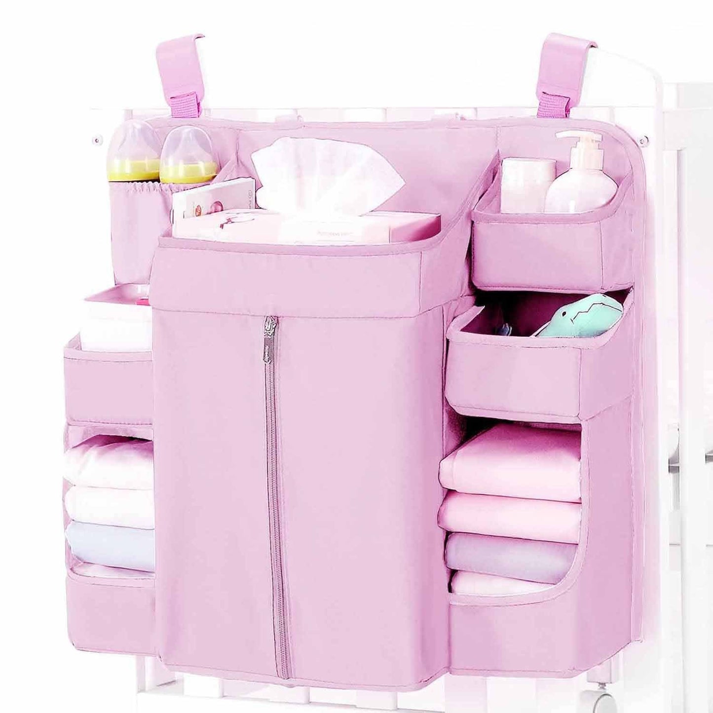 Pink Foldable Baby Crib Storage Hanging Bag - Large Capacity Organizer for Cribs and Changing Tables V888-ELOSUNG34274