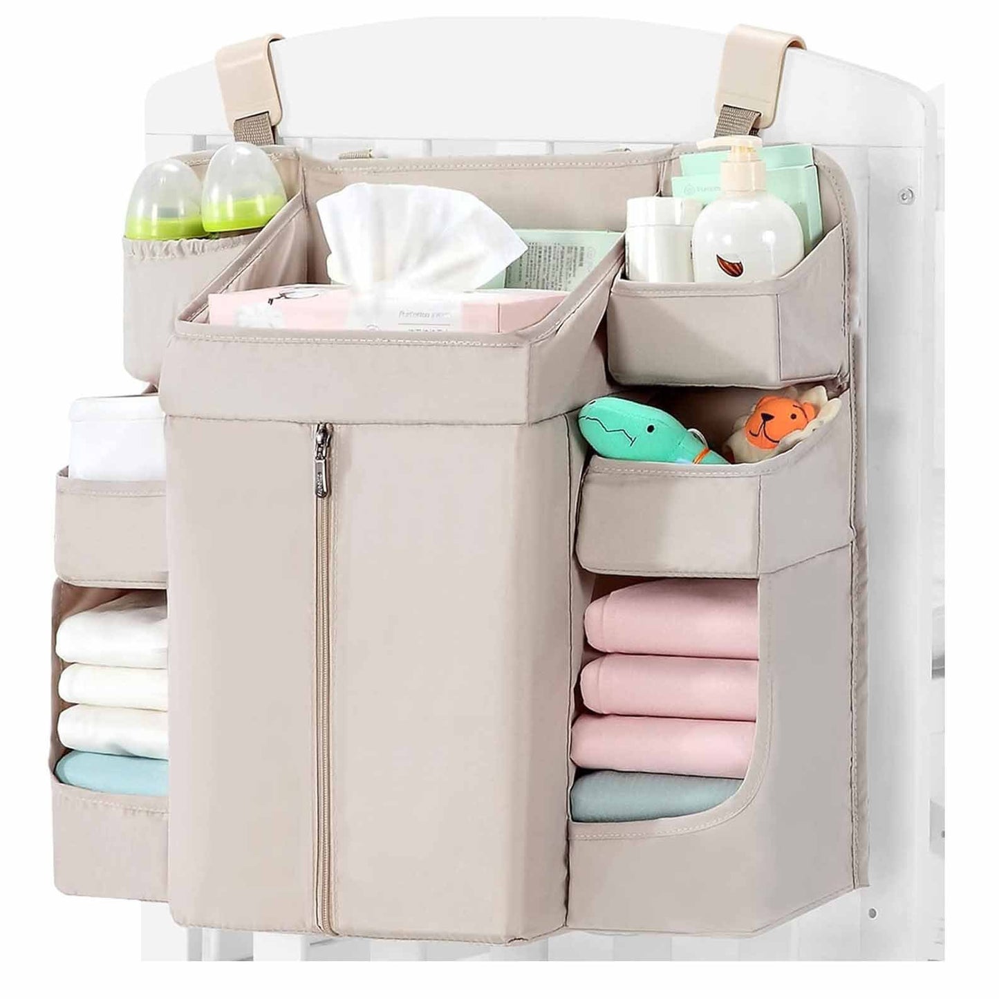 Beige Foldable Baby Crib Storage Hanging Bag - Large Capacity Organizer for Cribs and Changing Tables V888-ELOSUNG34276