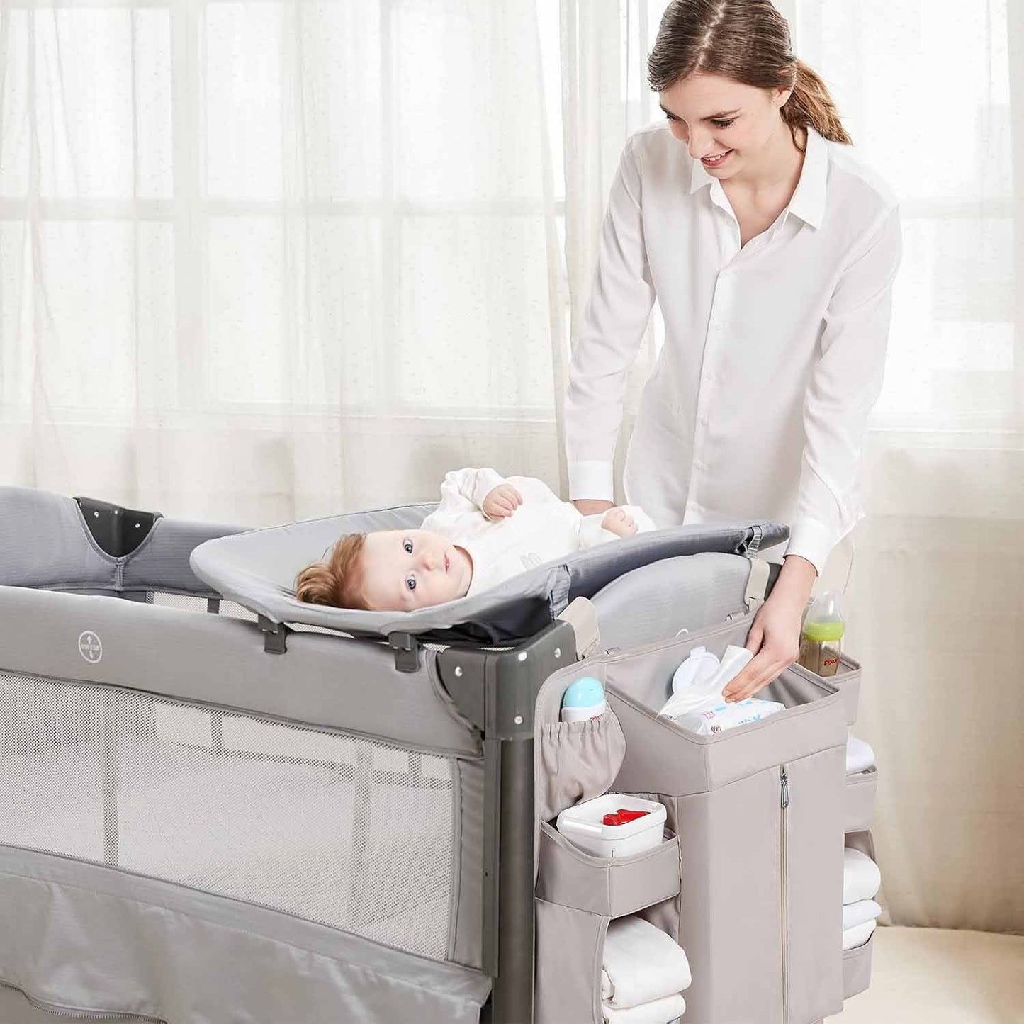 Beige Foldable Baby Crib Storage Hanging Bag - Large Capacity Organizer for Cribs and Changing Tables V888-ELOSUNG34276
