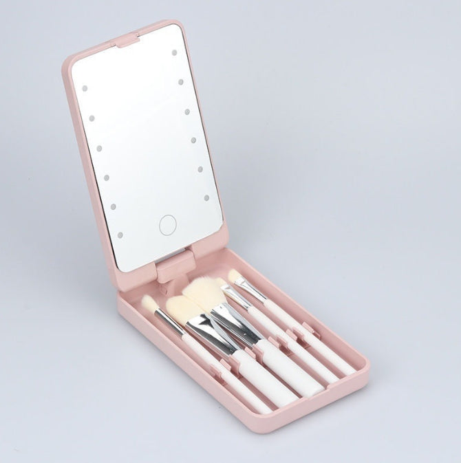 2-Piece Pink Portable LED Makeup Mirror with Brush - Foldable, Rotatable, and Rechargeable Travel Vanity V888-ELOSUNG34286