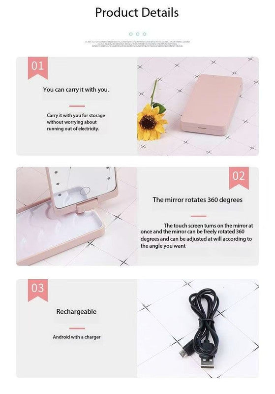 2-Piece Pink Portable LED Makeup Mirror with Brush - Foldable, Rotatable, and Rechargeable Travel Vanity V888-ELOSUNG34286