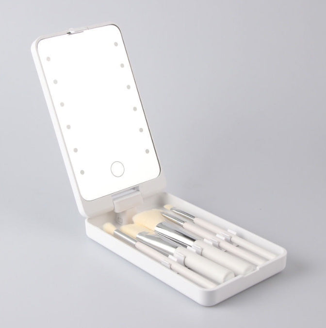 2-Piece White Portable LED Makeup Mirror with Brush - Foldable, Rotatable, and Rechargeable Travel Vanity V888-ELOSUNG34287