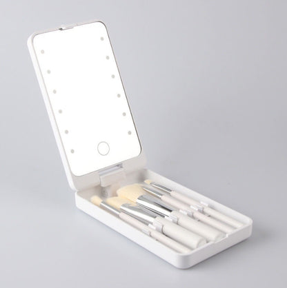 2-Piece White Portable LED Makeup Mirror with Brush - Foldable, Rotatable, and Rechargeable Travel Vanity V888-ELOSUNG34287