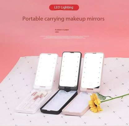 2-Piece Black Portable LED Makeup Mirror with Brush - Foldable, Rotatable, and Rechargeable Travel Vanity V888-ELOSUNG34288