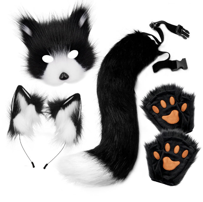 Black and white Halloween Furry Fox Costume Set - Plush Mask, Ears Headband, Tail, and Paws for Cosplay V888-ELOSUNG34295
