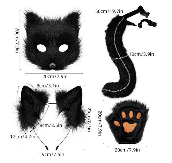 Black and white Halloween Furry Fox Costume Set - Plush Mask, Ears Headband, Tail, and Paws for Cosplay V888-ELOSUNG34295