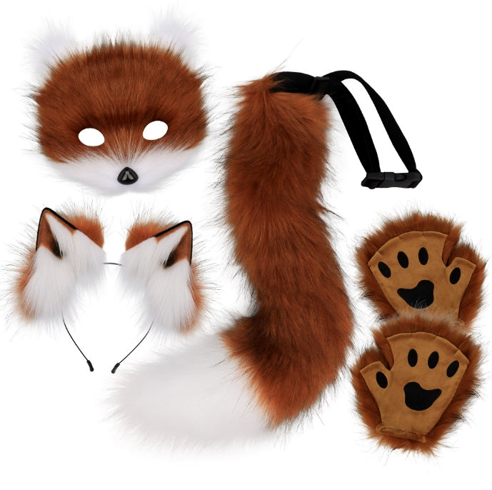 Reddish-brown Halloween Furry Fox Costume Set - Plush Mask, Ears Headband, Tail, and Paws for Cosplay V888-ELOSUNG34297