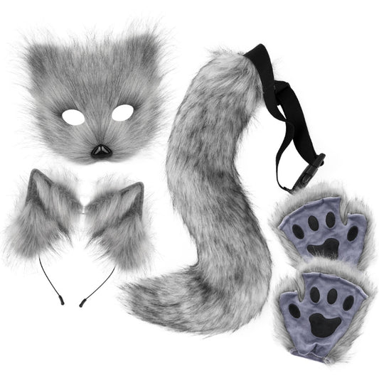Dark grey Halloween Furry Fox Costume Set - Plush Mask, Ears Headband, Tail, and Paws for Cosplay V888-ELOSUNG34299