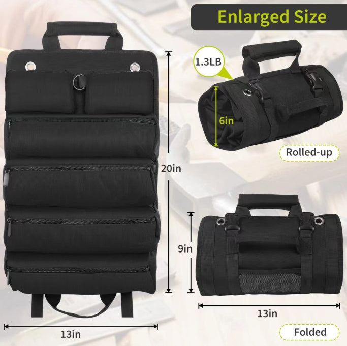 Black Heavy-Duty Roll-Up Tool Bag Organizer - Waterproof 1200D Fabric with 6 Pockets & Detachable Pouches V888-ELOSUNG34344
