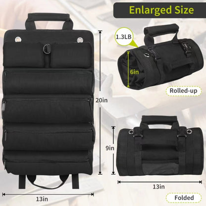 Black Heavy-Duty Roll-Up Tool Bag Organizer - Waterproof 1200D Fabric with 6 Pockets & Detachable Pouches V888-ELOSUNG34344