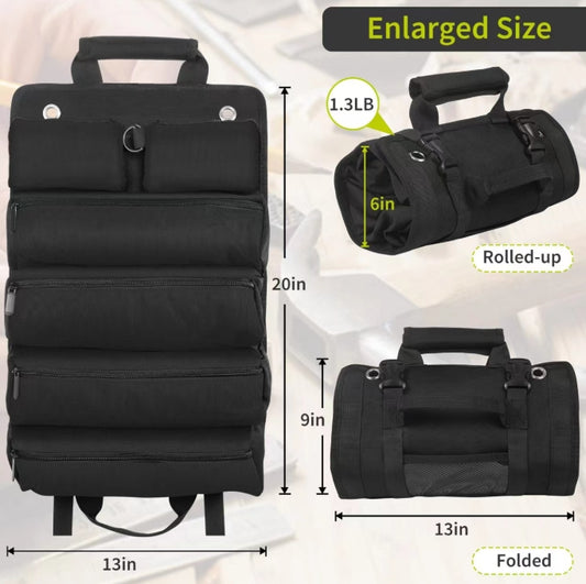 Black Heavy-Duty Roll-Up Tool Bag Organizer - Waterproof 1200D Fabric with 6 Pockets & Detachable Pouches V888-ELOSUNG34344