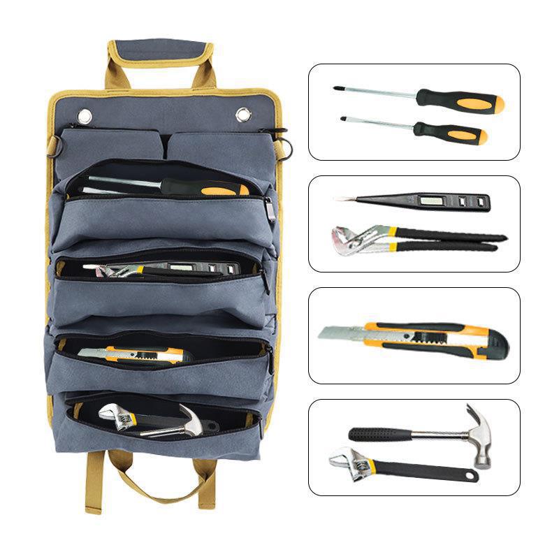 Black Heavy-Duty Roll-Up Tool Bag Organizer - Waterproof 1200D Fabric with 6 Pockets & Detachable Pouches V888-ELOSUNG34344