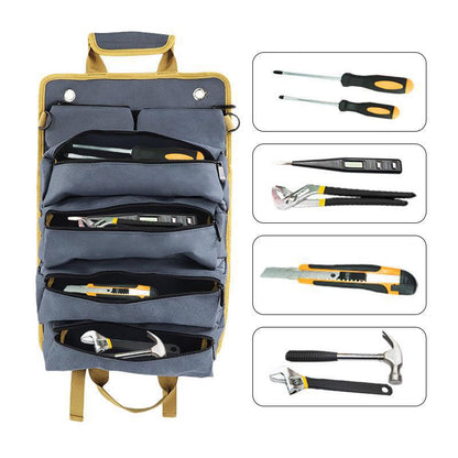 Black Heavy-Duty Roll-Up Tool Bag Organizer - Waterproof 1200D Fabric with 6 Pockets & Detachable Pouches V888-ELOSUNG34344
