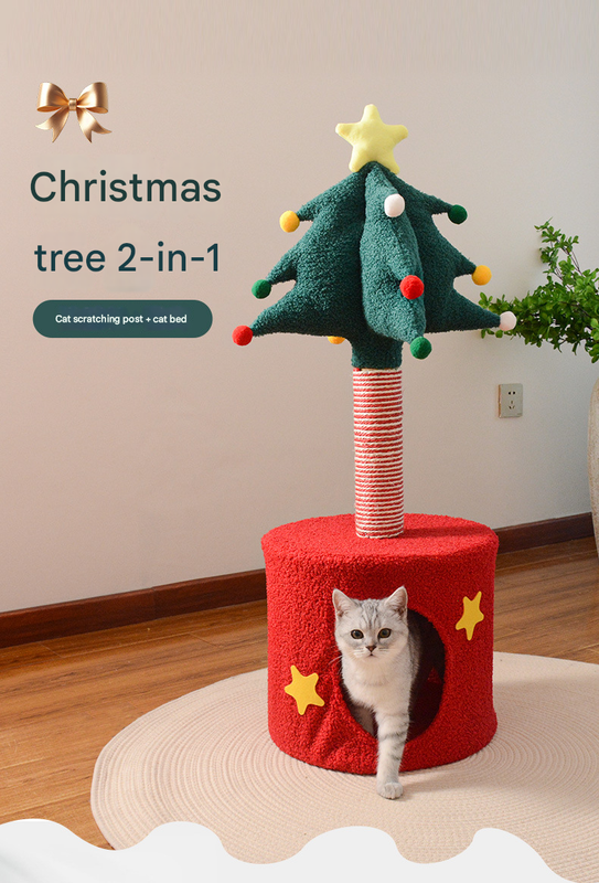 Festive Christmas Tree Cat Scratcher & Condo | 2-in-1 Sisal Post with Cozy Hideaway Bed V888-ELOSUNG34365