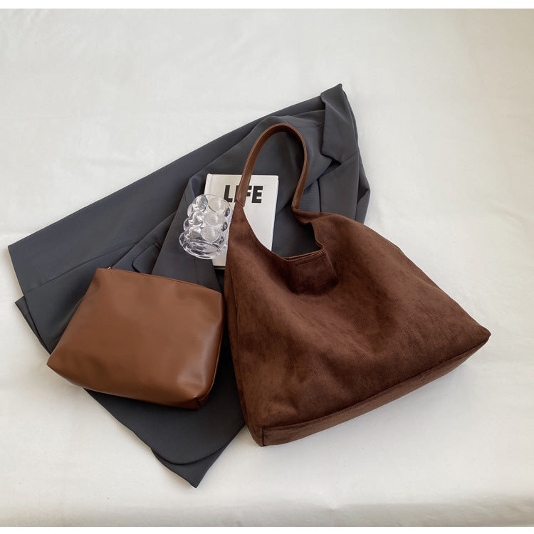 Coffee color Chic Faux Suede Tote Bag with Matching Pouch | Large Capacity Slouchy Shoulder Bag V888-ELOSUNG34375