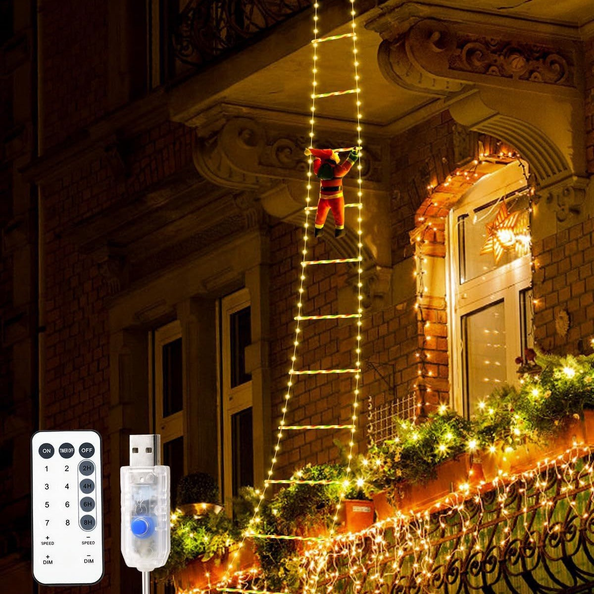 Festive Climbing Santa LED Ladder Light - USB Powered Outdoor Christmas Hanging Decoration with Remote(1.7m) V888-ELOSUNG34402