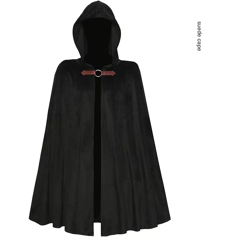 Black Shadow Wanderer Hooded Cape - Premium Velvet Robe for Jedi, Wizard & Medieval Cosplay V888-ELOSUNG34412