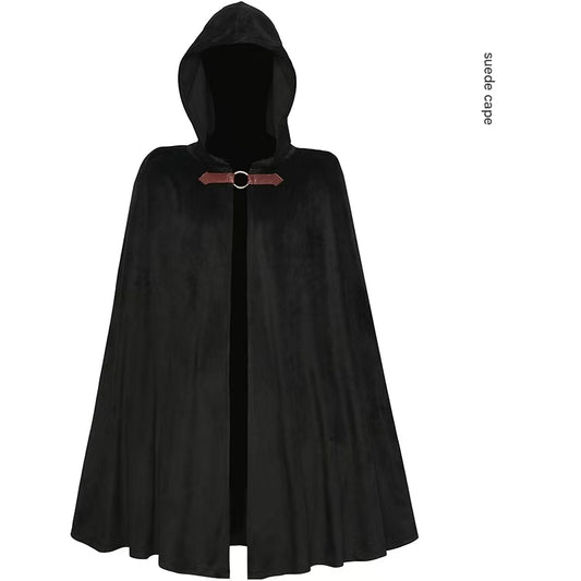 Black Shadow Wanderer Hooded Cape - Premium Velvet Robe for Jedi, Wizard & Medieval Cosplay V888-ELOSUNG34412